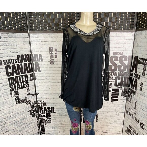 Roaman's 12 Black Sheer Mesh Studded Jewel Neckline Sheer Long Sleeve Blouse - Picture 2 of 6